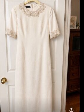 Cream Linen Wedding Dress with Beaded Neckline